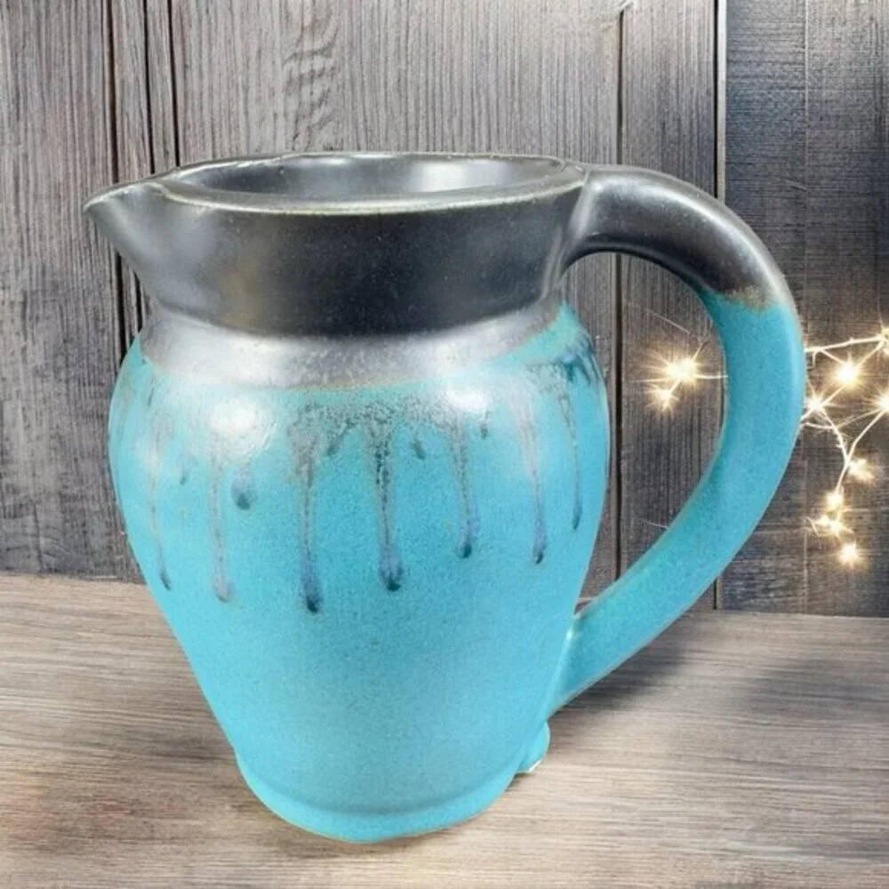 1999 Hand Made Studio Pottery Pitcher Jug Carafe Artist Signed‎ Drip Glaze VTG